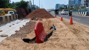 Sohna Road caves in again as dumper gets stuck at damaged stretch