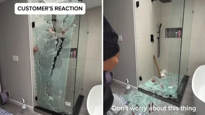 Man shatters glass panel into pieces while fixing it, customer responds with pure