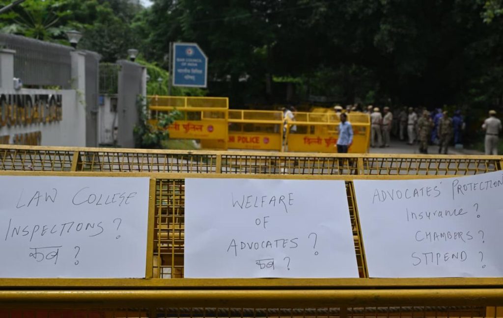 Lawyers stage a protest against the Chairman of Bar Council of India outside BCI office in New Delhi