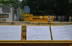 Lawyers stage a protest against the Chairman of Bar Council of India outside BCI office in New Delhi