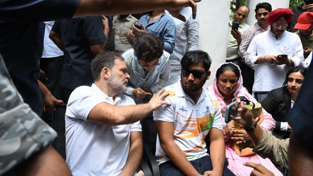 Gandhi is accompanied by Sahil Lochab, a 19-year-old protester who was hit by a pellet gun during police