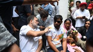 Gandhi is accompanied by Sahil Lochab, a 19-year-old protester who was hit by a pellet gun during police